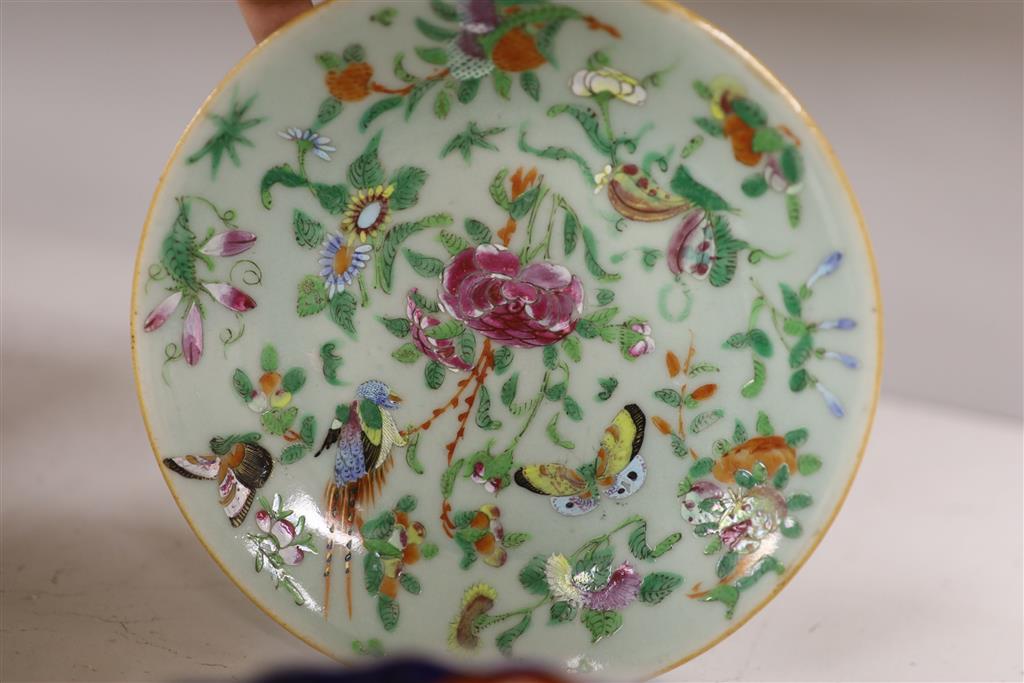 A group of Chinese and Japanese porcelain cups, bowl etc, Chinese dish 19.5cm diameter